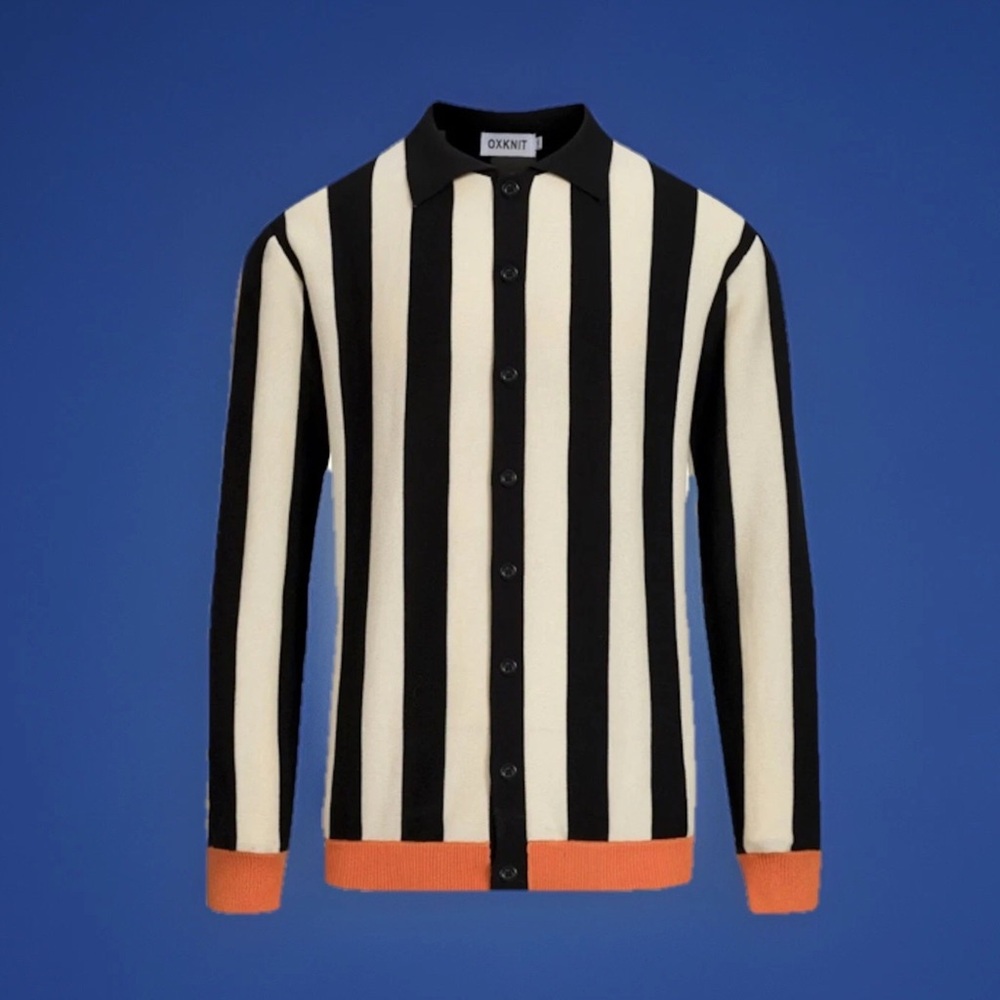 OXKNIT Black & Cream Vertical Stripe Cardigan with Orange Trim